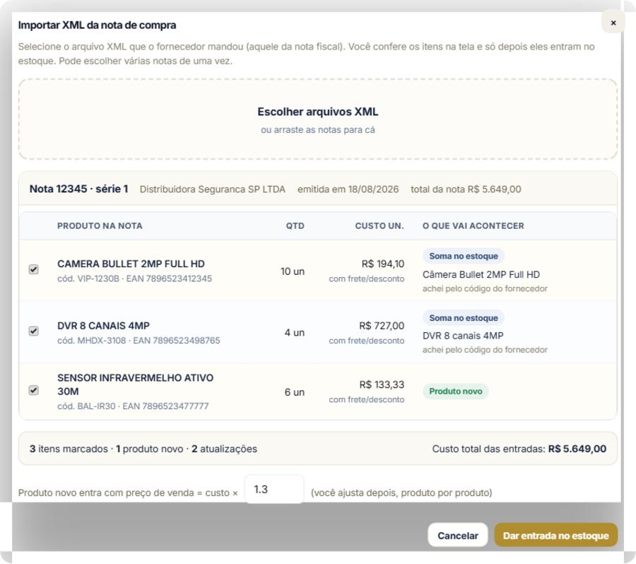 Tela de conferência da importação do XML da nota